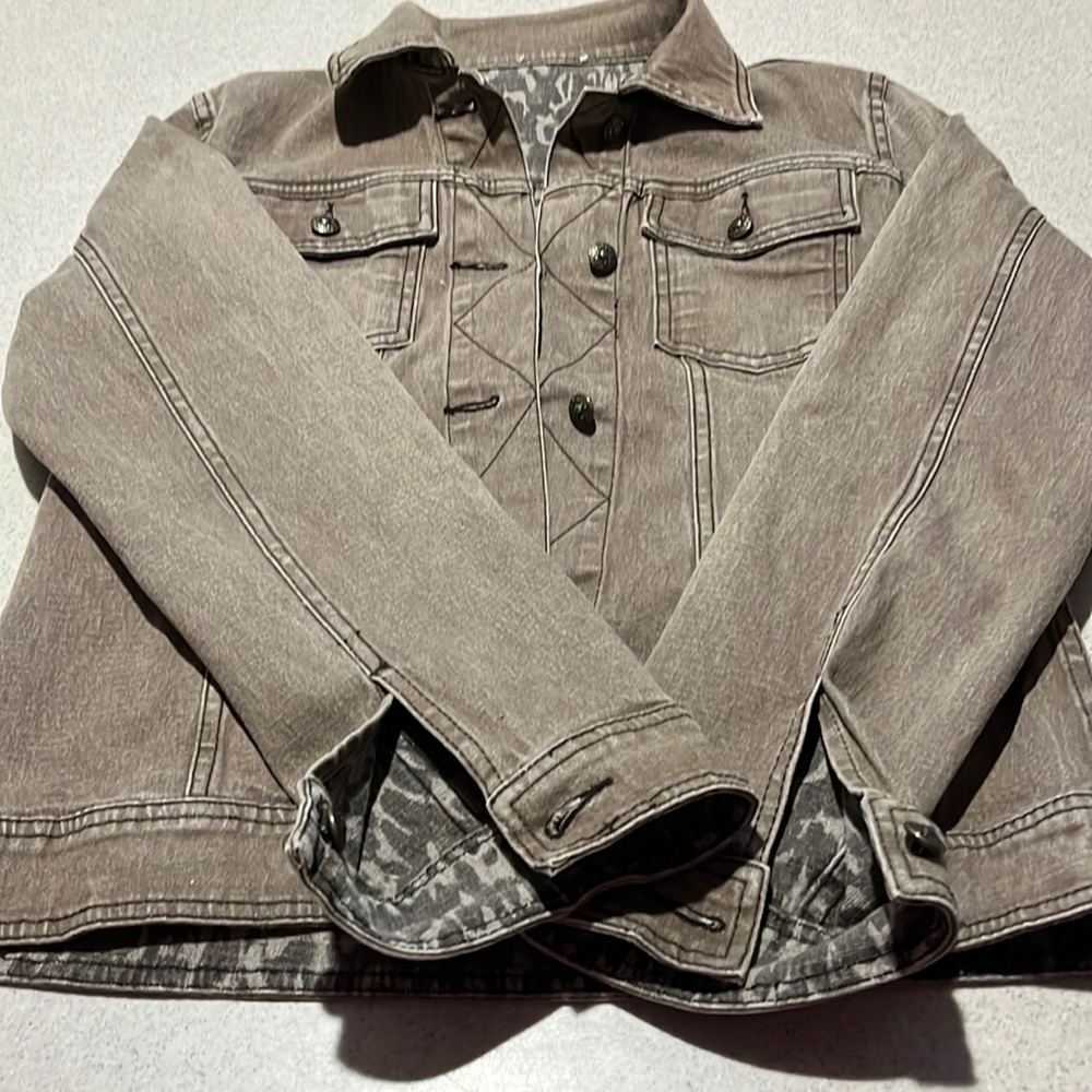 True brown reversible stretch denim jacket.